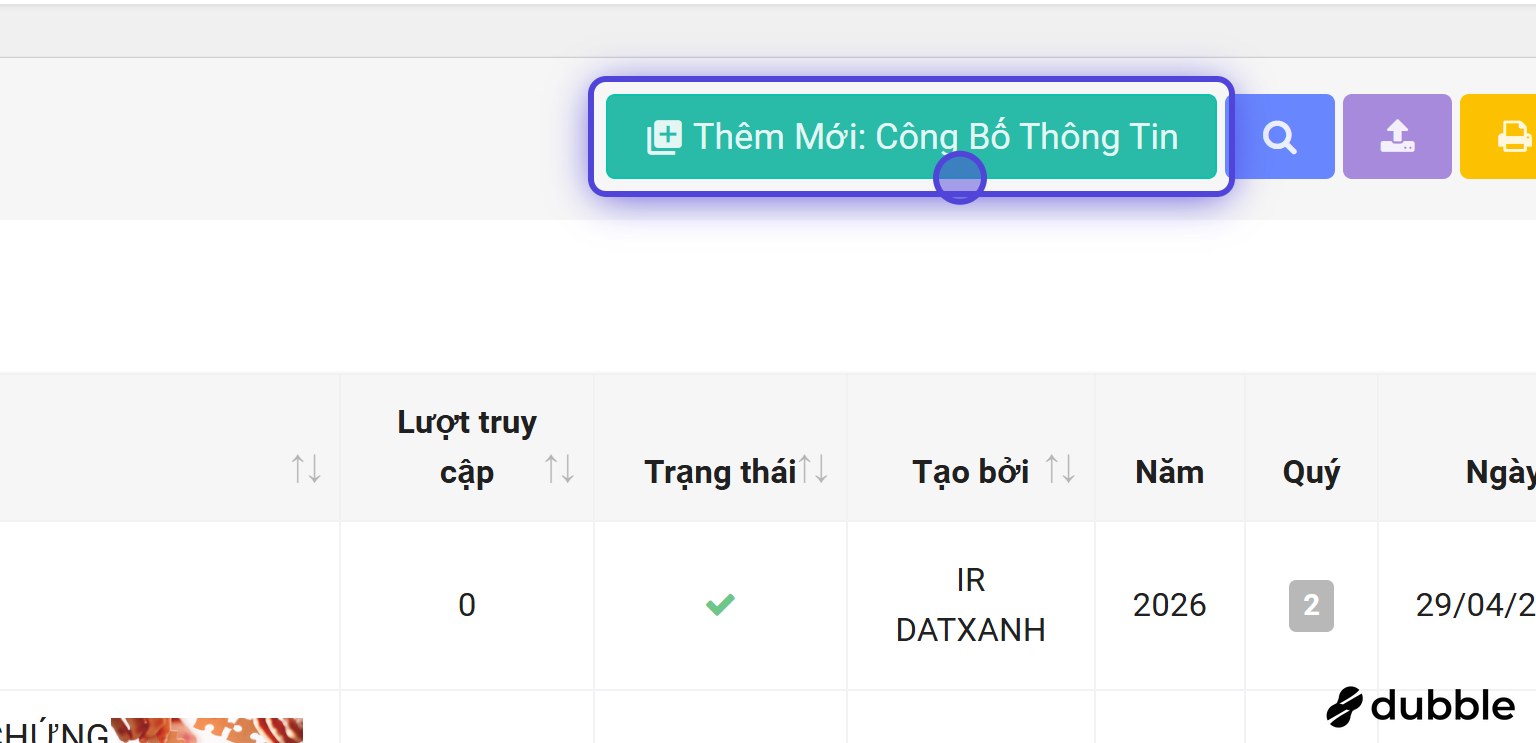 Chọn Thêm mới để tạo bản ghi Công bố thông tin