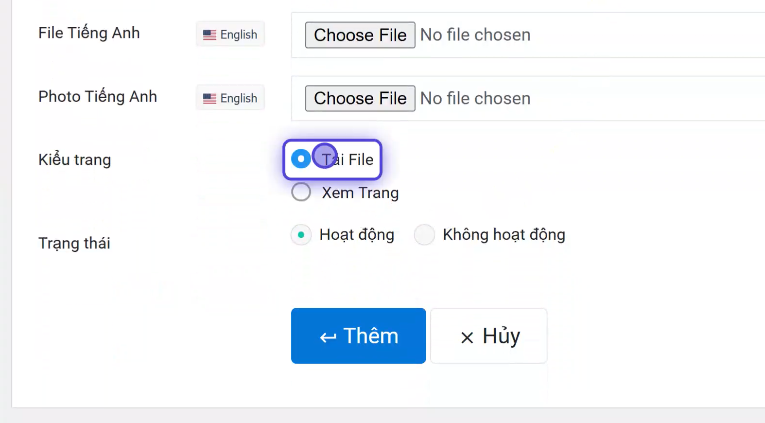 Chọn kiểu trang Tải File cho Công bố thông tin