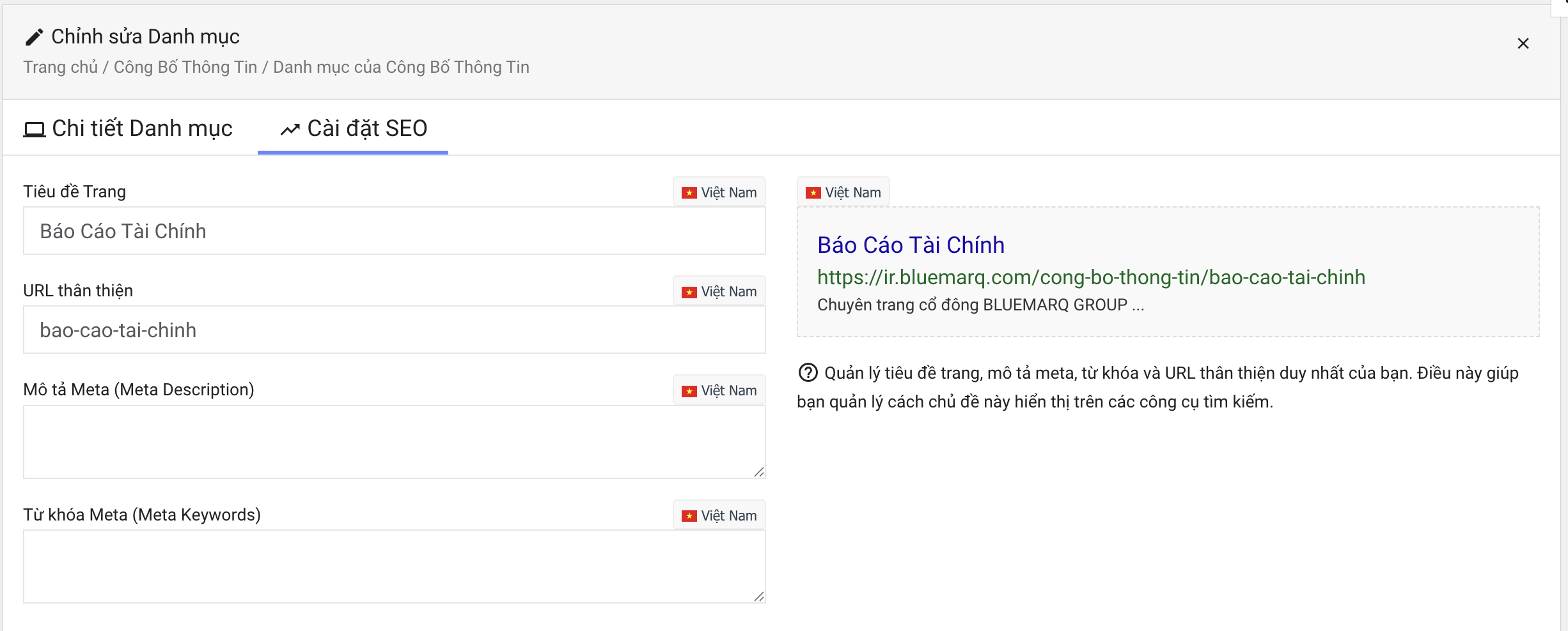URL xem trước SEO dùng để mở trang riêng của danh mục