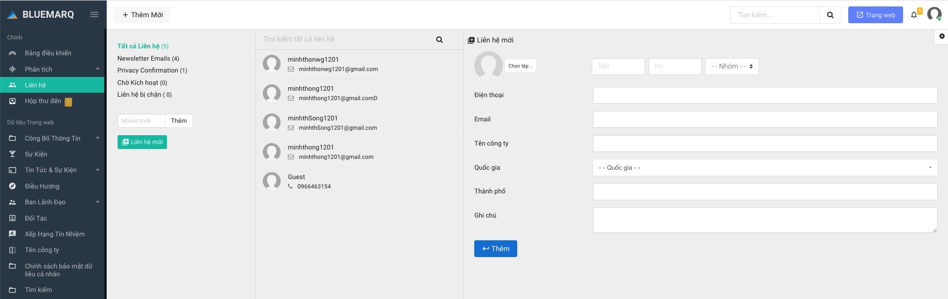 Giao diện quản lý liên hệ