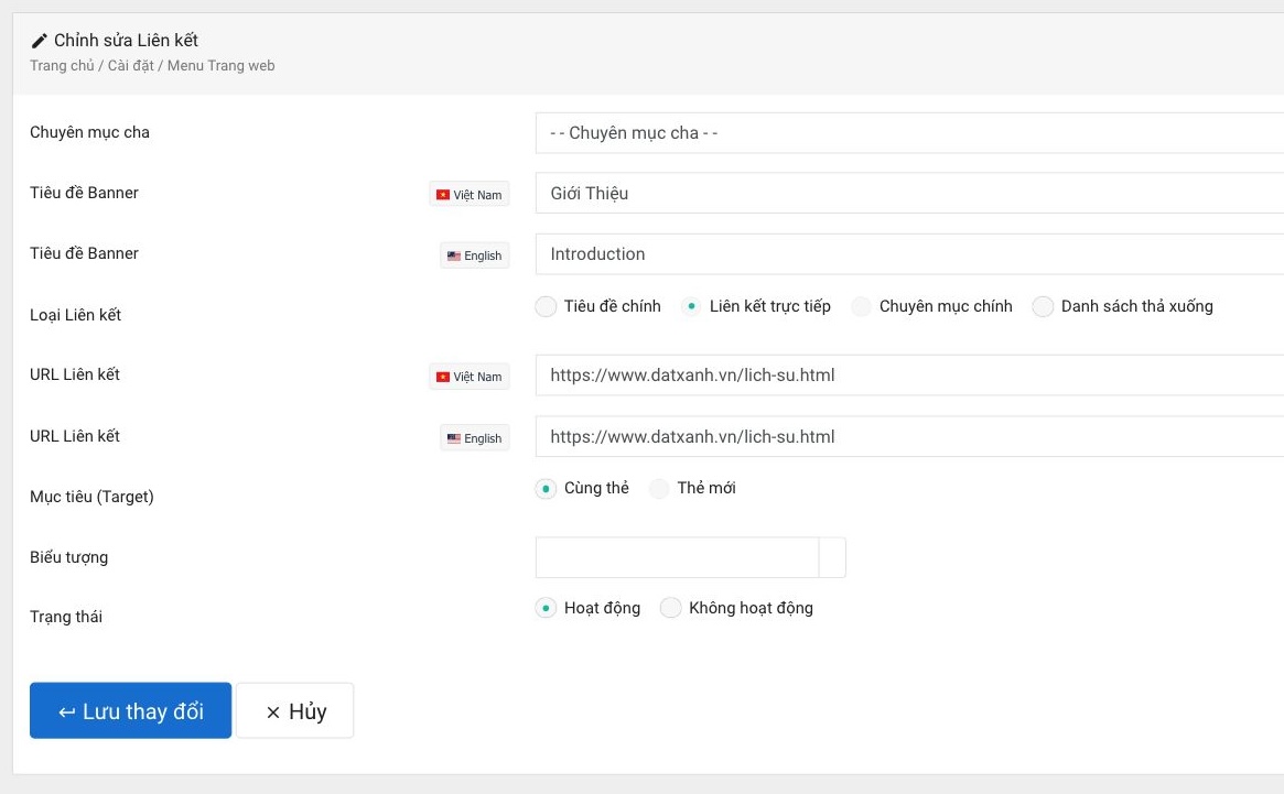 Màn hình chỉnh sửa liên kết trong Menu Trang web