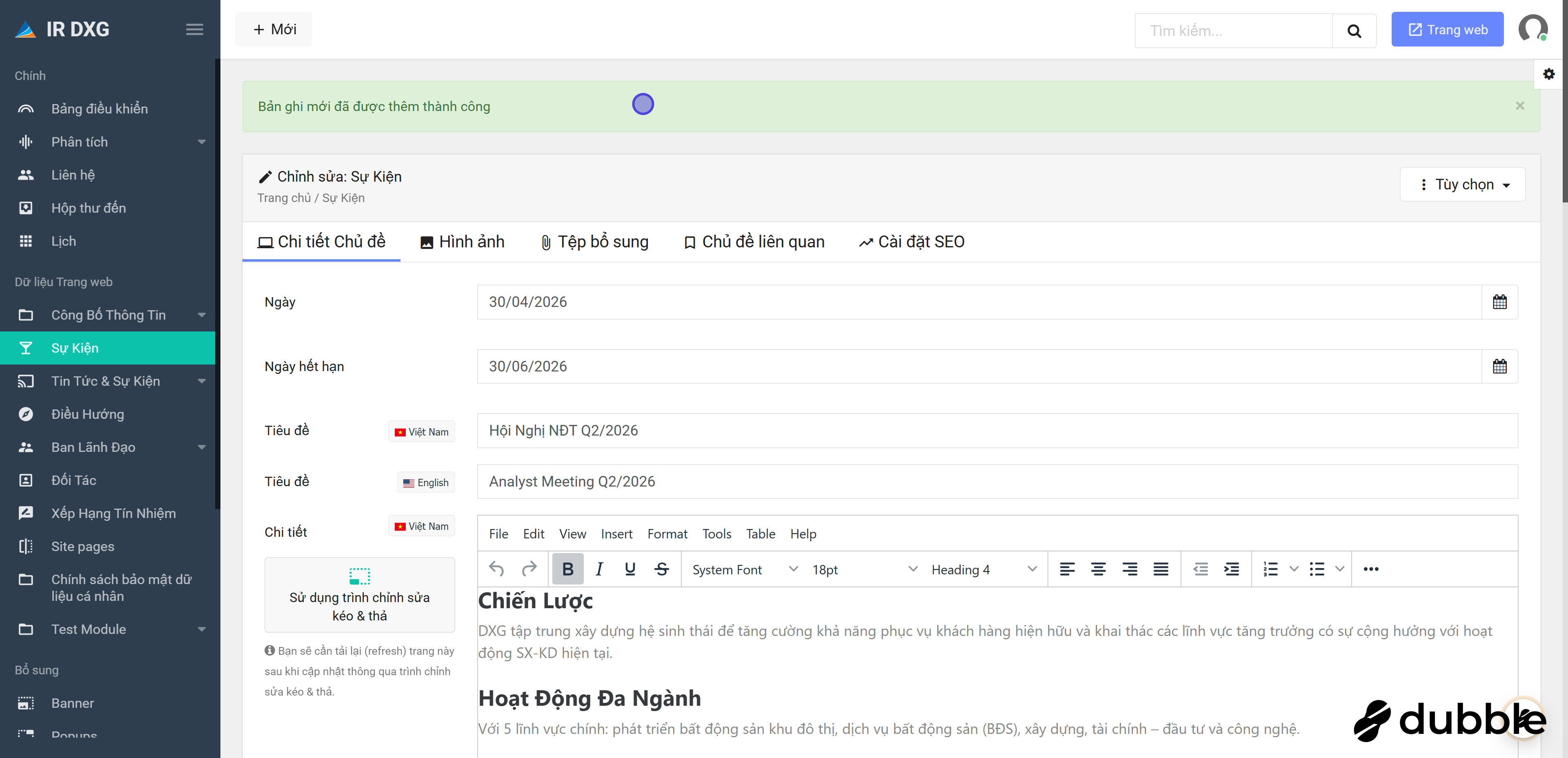 Nút lưu bản ghi Sự kiện