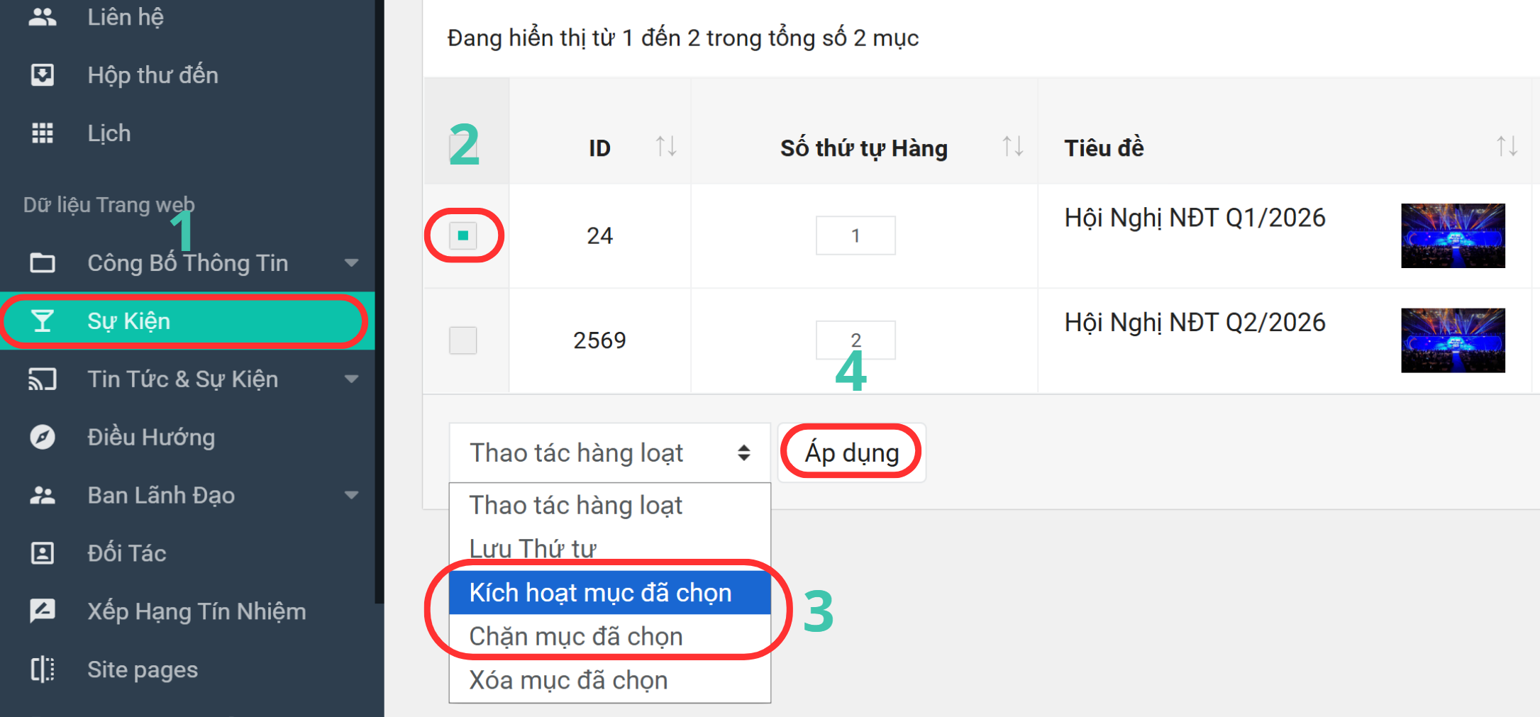 Biểu mẫu cấu hình Sự kiện nổi bật