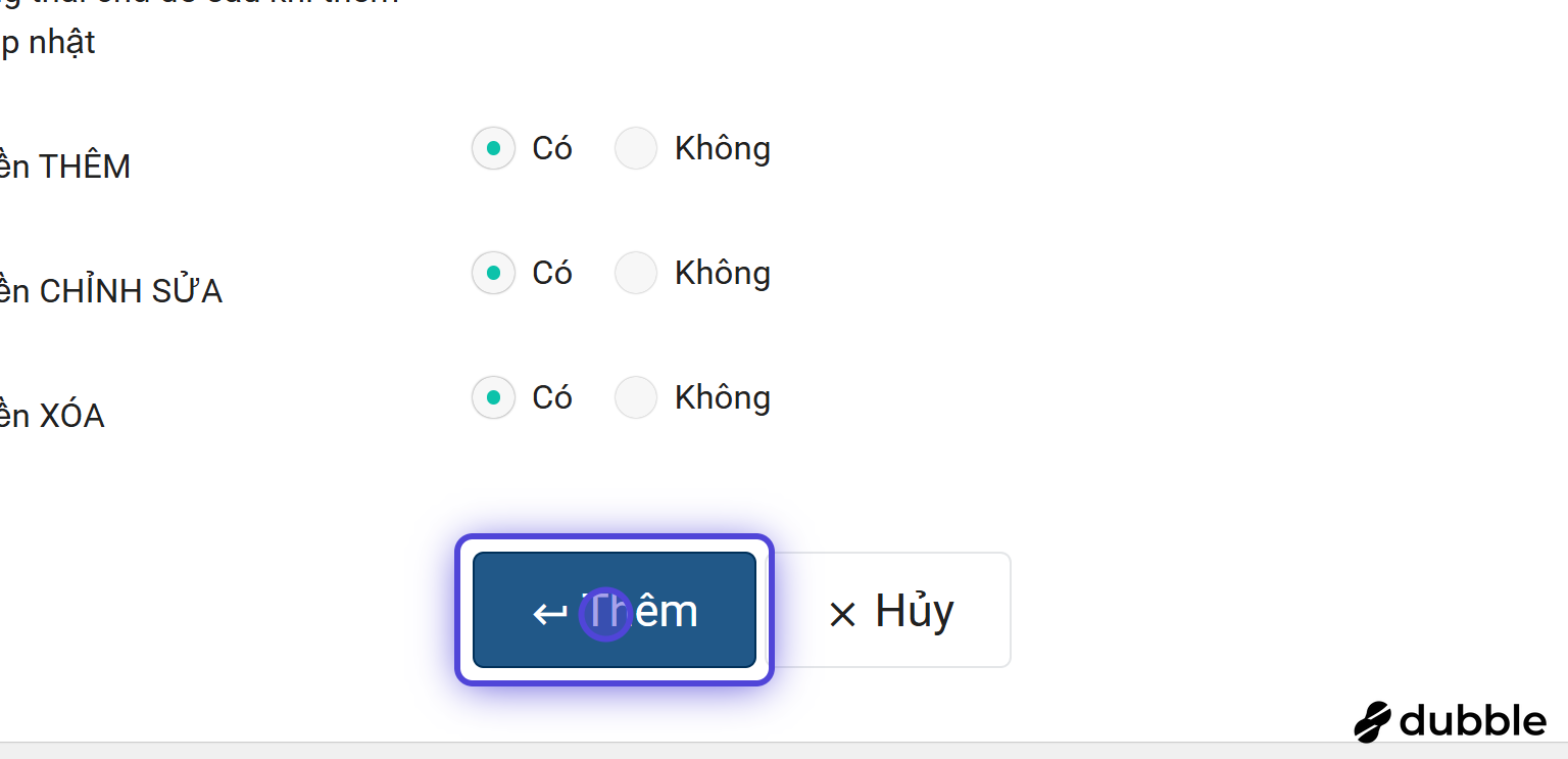 Nút lưu phân quyền mới