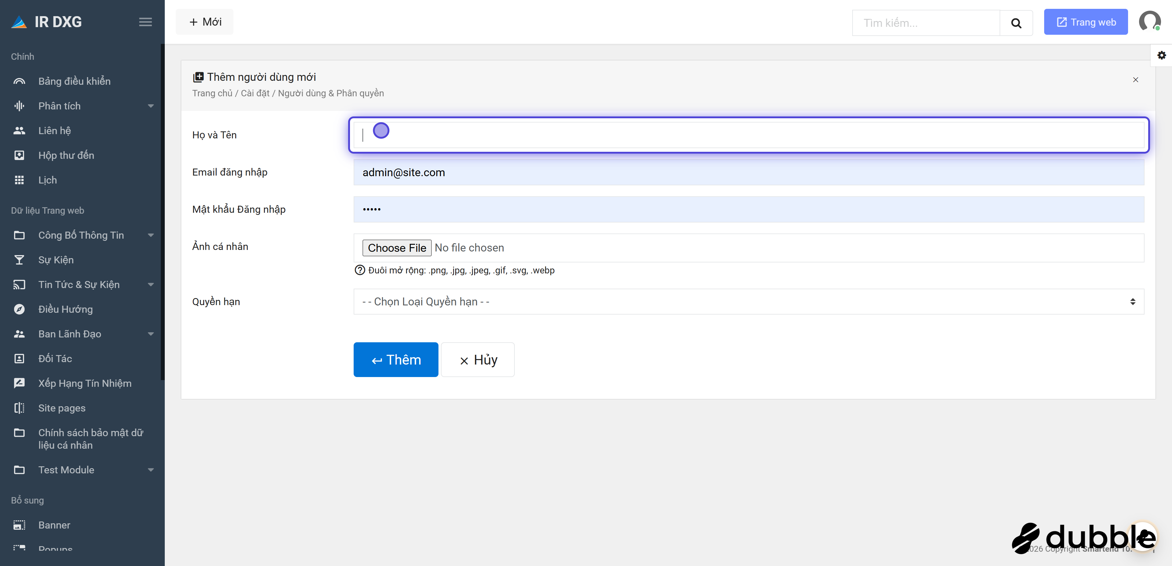 Nhập họ tên và email cho tài khoản mới